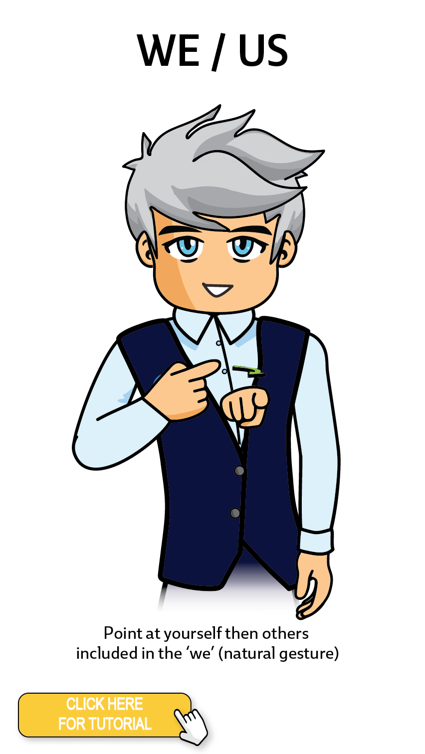 The Cérge character performing sign language for the word We/Us. The Keyword Sign instructions are: Point at yourself then others included in the "we" (natural gesture)